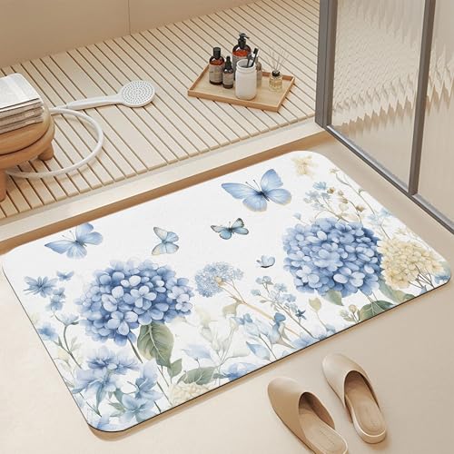 Blue Hydrangea Flower Bath Mat,Fast Drying Spring Butterfly Bathmats for Bathroom, Non Slip Soft Diatomaceous Bath Rug Bathroom Accessories Thin Doormat for Home Kitchen 17 X 29.5 Inch - color: Blue Hydrangea Flower