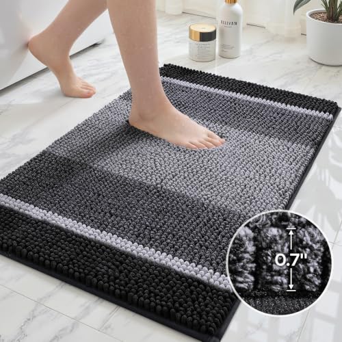 HOMEIDEAS Black Bathroom Rugs Set of 2, Thick Absorbent Chenille Bath Mats, Non-Slip Soft Shaggy Rugs for Bathroom Floor, 20" x 32" & 17" x 24" - color: Black