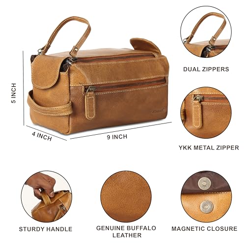 KomalC Premium Buffalo Leather Toiletry Bag for Men & Women With Water resistant Lining, Grooming Travel Pouch, Unisex Wash Bag for Toiletries, Gifts for Men and Women - color: Distressed Yellow Tan
