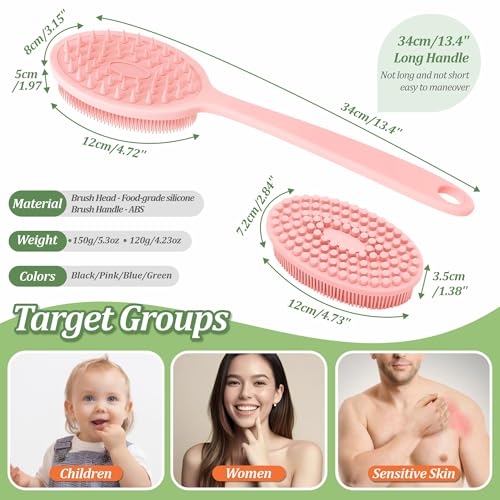 Silicone Back Scrubber for Shower, Gentle Shower Scrubber for Lathering, Softe Silicone Loofah with Two Replaceable Brush Heads, Good for Kids, Sensitive Skin(Pink-Two Heads) - color: Pink-two Heads