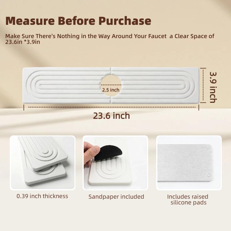 Stone Faucet Mat for Kitchen Sink, Diatomite Absorbent Stone Drying Mat for Bathroom Counter Quick Drying, Sink Splash Guard For Avoid wet Buildup Sink (White, 23.6" x 3.9")