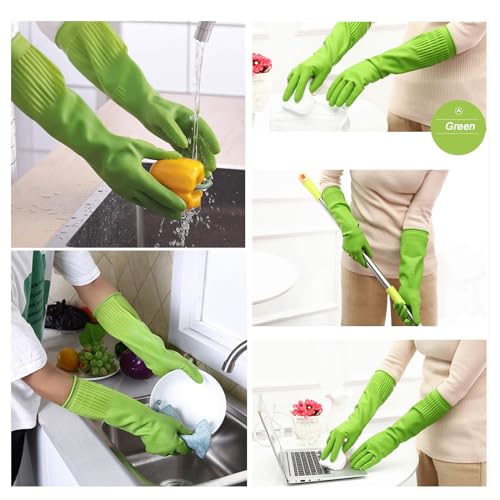 Bamllum 3 Pairs of Rubber Dishwashing Gloves for Kitchen and Household Cleaning – Long Cuff 15", Reusable, Flexible Long-lasting and Non-Slip (Red+Yellow+Green, Medium) - size: M(Best for Small Hands)