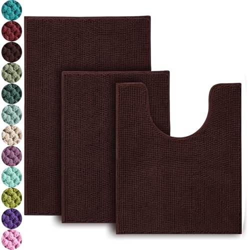 Urvoix Bathroom Rugs Set - 3 Pieces Ultra Soft Non-Slip Bath Mats, Chenille Absorbent Bath Rugs for Bathroom, Tub and Shower (Chocolate Brown) - color: Chocolate Brown