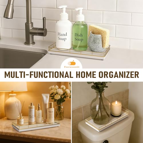 Bathroom Vanity Tray for Countertop, 12" x 6" Oak Wood Toilet Tank Tray | Metal Guardrail, Bathroom Organizer for Soap, Perfume & Skincare, Non-Slip Decorative Tray for Dresser, Gold & White - color: Gold & White, size: 12" x 6" x 1.5"