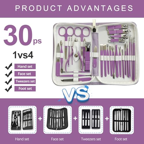 Manicure Set 30 in 1 Nail Clippers Set,Nail Manicure Kit for Women,RedFlow Toenail Clippers,Pedicure Kit,Pedicure Tools,Suitable for Travel Manicure Tools (Purple) - color: Purple