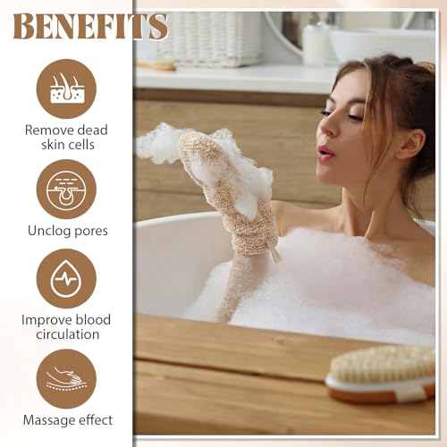 30 Pcs Exfoliating Shower Gloves Stretchable Ramie Bath Mitts with Hanging Loop Body Scrubber Exfoliator Loofah Washcloth Deep Clean Dead Skin for Spa Massage Skin Shower Hotel Use (Beige) - color: Beige