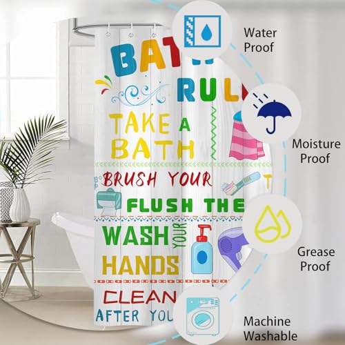 4PCS Kids Shower Curtain Set, with Non-Slip Rugs, Toilet Lid Cover and Bath Mat Funny Bathroom Rules Cute Colorful Pattern Teen Boy Girl for Bathroom Bathtub Decor Accessories, 72x72 Inch - color: Bathroom Rules