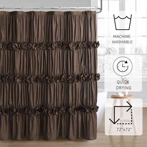 Homechoice Decor Chocolate Ruffle Shower Curtain, Vintage Handcrafted Bow Tie Bath Curtain for Master Bathroom, Ruched Microfiber Bathroom Curtain with 12 Buttonholes, 72" W x 72" H (LQ-10) - color: Chocolate, size: 72"W x 72"L (Each Curtain)