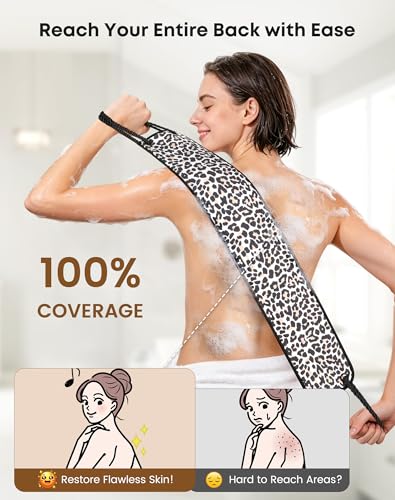 eaxun Exfoliating Back Scrubber with Two Handles & Glove for Shower, Dual-Sided Mitt and Wider Bath Exfoliator with Mesh Loofah for Men, Women, Elderly, Deep Cleansing Body Washer Set - Leopard - color: Leopard Set, size: Large