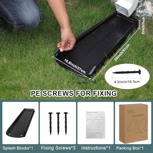 plusgutter Rain Gutter Downspout Splash Block, Gutter Downspout Extensions for Water Drainage, 24" Gutter Splash Guards Downspout Extender, Fixable Down spout Drain Trays with PE Nails(1 Pack, Black) - color: Black