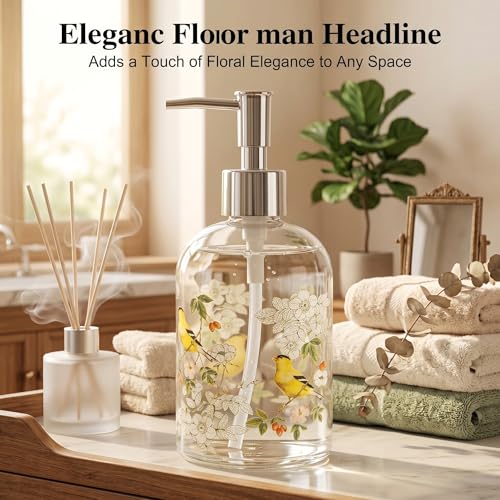 Topadorn 17oz Glass Soap Dispenser with Pump, Refillable Hand Soap Dispenser for Bathroom & Kitchen, Goldfinch Bird & Floral Decorative Soap Bottle, Farmhouse Countertop Decor - color: Bird