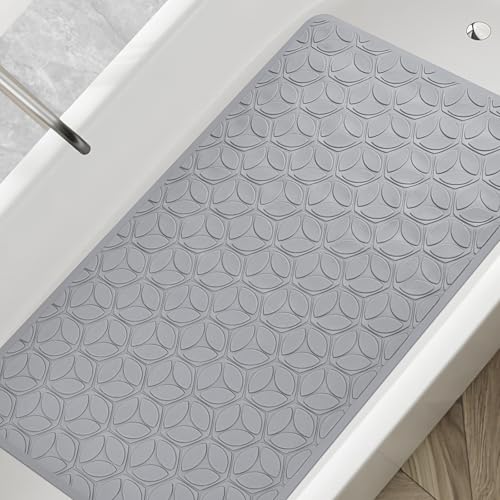 Bathtub Mat Non Slip with Suction Cups - 100% Rubber Bathroom Mat Textured for Bath Tub Shower Safety - Soft on Touch - BPA/PVC Free - Pet Dog Bath Mat - Machine Washable - 16 × 28 Inch（Gray） - color: Gray, size: 28" x 16" (Rectangular)