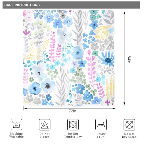 Riyidecor Extra Long Shower Curtain for Bathroom Decor 72Wx84H Blue Grey Floral Wildflower Boho Watercolor Plant Leaves Botanical for Girl Art Printed Fabric Polyester Waterproof 12 Pack Plastic Hooks - color: D-blue, size: 72"W x 84"L (Pack of 1)