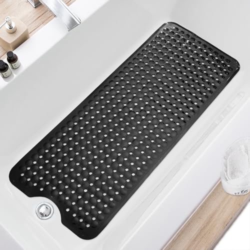 TEESHLY Bath Tub and Shower Mats, Non Slip 40 x 16 Inch Extra Long Bathtub Mat, Machine Washable Bathmat with Drain Holes, Suction Cups for Bathroom Floor, Black - color: Black