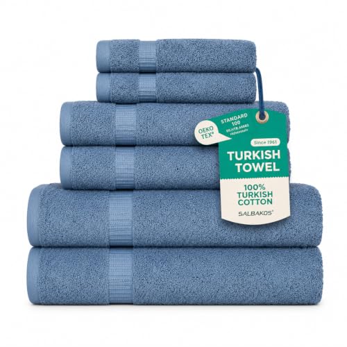 SALBAKOS 100% Turkish Cotton 6-Piece Towel Set | Premium Quality Hotel & Spa Collection | Ultra Soft, Super Absorbent 2 Washcloth, 2 Hand, 2 Bath Towels Sets | Made in Turkey (Blue, 6 Piece Towel Set) - color: Blue, size: 6 Piece Towel Set