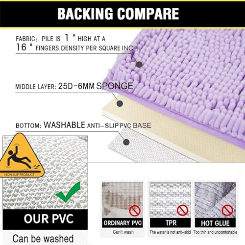 Bathroom Rugs Chenille 3-Piece Extra Soft and Absorbent Shag Bathroom Rugs, Machine Wash Mat, Strong PVC Non-Slip Underside, Plush Carpet Mats, Lavender - color: Lavender, size: 2'8" x 1'8" (16x24"+20x32"+20x20"U shape）
