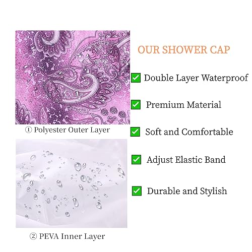 Fishent Shower Cap, Large Shower Caps for Women Reusable Double Layer Waterproof, Adjustable Extra Large Shower Cap for Long Hair and Braids（Purple Print) - color: Purple print, size: X-Large