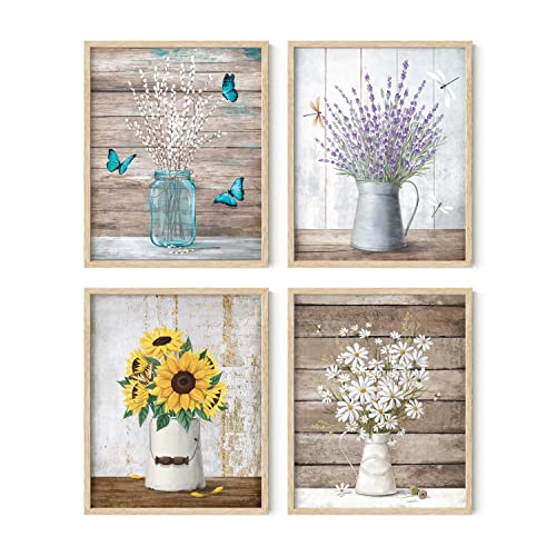 HAUS AND HUES Flower Wall Decor - Set of 4 Floral Wall Art, Floral Wall Decor, Flower Wall Art, Flower Painting with Frame, Floral Pictures Wall Decor, Flower Pictures Wall Decor (Beige Frame, 16x20) - color: Farmhouse Bouquets, size: 16x20, style: Beige