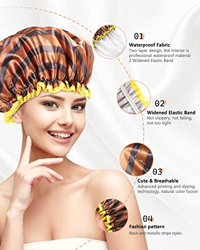 mikimini Shower Cap for Women and Men,2 Pack Double Waterproof Shower Cap for Girls and Kids, Reusable, Washable, Golden Stripes Fashionable Shower Caps Medium Pack of 2 Stripe - color: Stripe, size: Medium (Pack of 2)