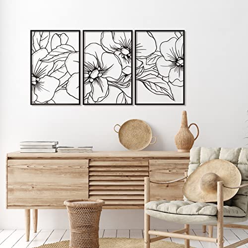 Vivegate Black Minimalist Floral Single Line Metal Wall Art Decor - 18"X12" 3 Packs Black Floral Abstract Minimalist Lines Wall signs for Hanging home wall decor - color: Black