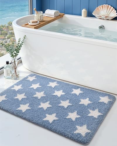 DEXI Star Bathroom Rug, 36x24 Non Slip Washable Bath Mat Absorbent, Ultra Soft Plush Microfiber Bathmat Quick Dry for Shower Floor, Tub, Sink, Light Blue - color: Light Blue, size: 36" X 24" (Rectangular)