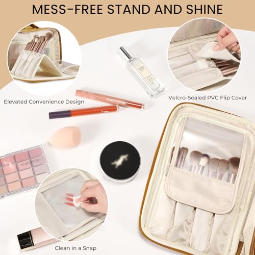HauteHues Travel Makeup Bag Women's Large Capacity Cosmetic Portable Organizer Large Opening Waterproof Storage Toiletry Bags Vertical Free-Standing Brush Holder for Easy Access Orange - color: Orange