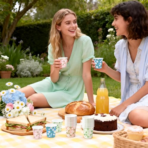 WRAPAHOLIC 3oz Paper Cups - 100 Pack Disposable Bathroom Cups with Daisy Floral and Leaf Design, Small Mouthwash Cup for Toothbrush Rinse, Home Bathroom, Picnic, BBQ, Travel and Tea Party - color: Colorful Daisy