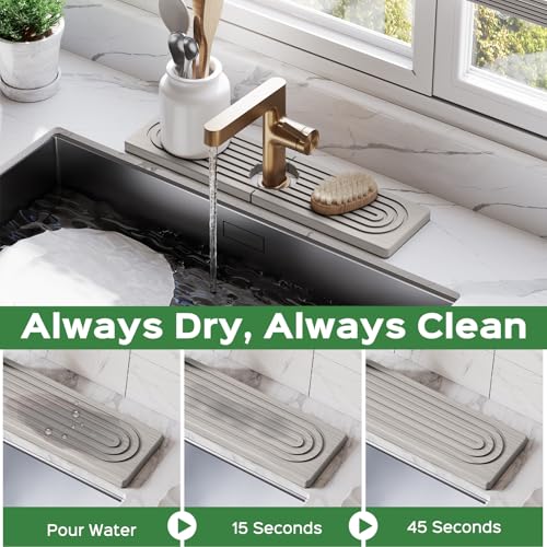 15.7 Inch Stone Faucet Mat for Kitchen Sink Splash Guard - Diatomite Quick Dry Stone Mat Kitchen Sink Protectors, Water-Absorbent Faucet Handle Drip Catcher Tray with Drainage (Gray, 15.7" x 3.9")