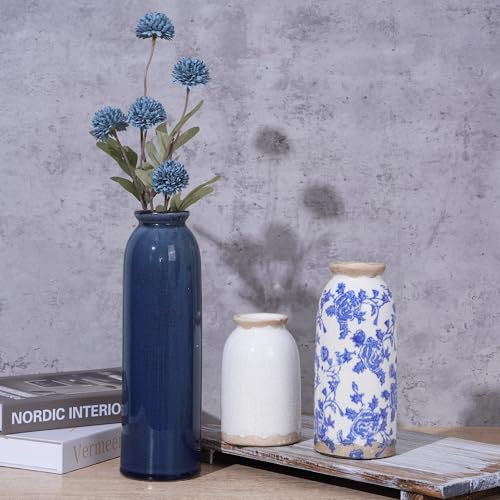 Vintage Ceramic Vase Set of 3, Blue and White Small Flower Vase Chinoiserie Rustic Modern Farmhouse Centerpiece Decorative Vases for Table Entryway Bookshelf Living Room Kitchen Home Decor - color: Vintage- Blue