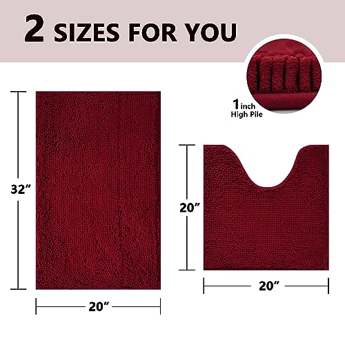 BOANKODU Bath Mat Set, 2 Piece - Soft Chenille, Non-Slip, 32x20 Inch + 20x20 Inch U Shape, Machine Washable (Burgundy) - color: Burgundy, size: 20" x 32" + 20" x 20" (U-Shape)