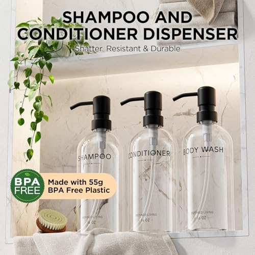 Shampoo and Conditioner Dispenser Set,3 Refillable 16oz Bottles with Stainless Steel Pumps – Shower Soap Dispensers for Bathroom, Hotel or Airbnb (Transparent, 3-Pack) - color: Transparent