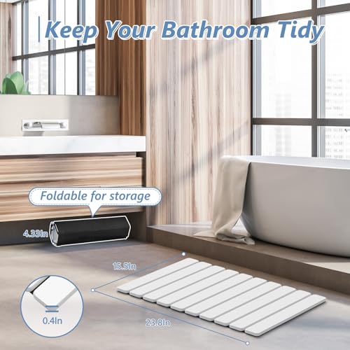AWW Foldable Stone Bath Mat, Diatomaceous, 23.6"x15.5", White | Quick-dry surface, super absorbent design, easy-clean finish, non-slip mat included, and compact storage for small bathrooms - color: White, size: 23.6" x 15.5"
