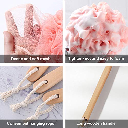 Pink Loofah with Handle - Cute Back Scrubber & Exfoliating Shower Sponge, Soft Mesh Luffa on Wooden Stick, Bath Brush for Women and Girls - color: Pink