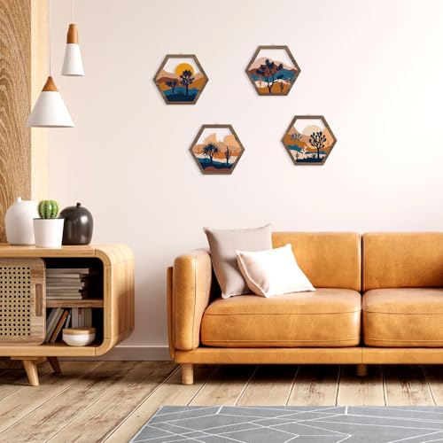 HPNIUB 4 Pcs Boho Mountains Scenery Wall Art Decor, Farmhouse Abstract Sunrise Trees Desert Cactus Hanging Wood Sign for Living Room, Aesthetic Bohemian Botanical Wooden Plaque for Apartment Bedroom(11''x9.8'') - color: Abstract desert scenery