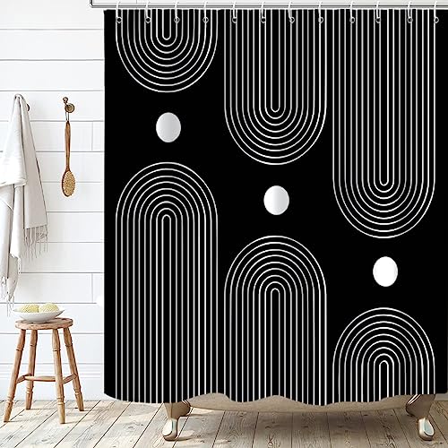 Black and White Shower Curtain, Boho Minimalist Mid Century Modern Arch Geometric Machine Washable Waterproof Fabric for Bathroom Bathtub with Hooks 72x72 - color: Black and White Boho, size: 72"W x 72"L (Pack of 1)