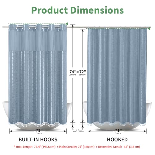 eachope Boho Farmhouse No Hook Shower Curtain Set with Snap-in Fabric Liner,Heavy-Duty Linen Textured Rustic Striped Design,Water-Repellent with Tassels and Sheer Window,Blue,71x74 - color: Blue, size: 71"W x 74"L (Pack of 1)