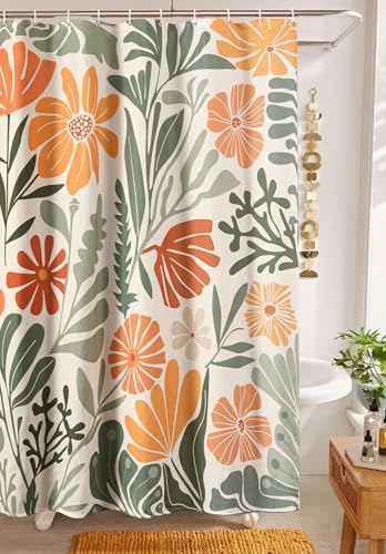 RoomTalks Cute Colorful Floral Faux Linen Shower Curtain for Funky Aesthetic Bathroom Decor - Heavy Duty Modern Abstract Matisse Summer Flowers Plants Botanical Shower Curtain Set - color: Green and Terracotta, size: 72"W x 72"L (Pack of 1)