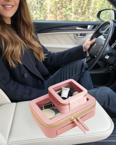 Travel Clear Makeup Bag Set, TSA Approved Cosmetic Bag Case with Zipper Portable Makeup Pouch Toiletry Bag Traveling Cosmetic Organizer Storage Bag Car Organizer Car Essentials - color: Mini+Large Pink