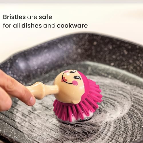 Vigar Dolls April Dish Brush with Ergonomic Handle and Dres-shaped Storage Holder - Scrub Brush for Pans, Pots, Kitchen Sink Cleaning, White, Pink - color: White, Pink