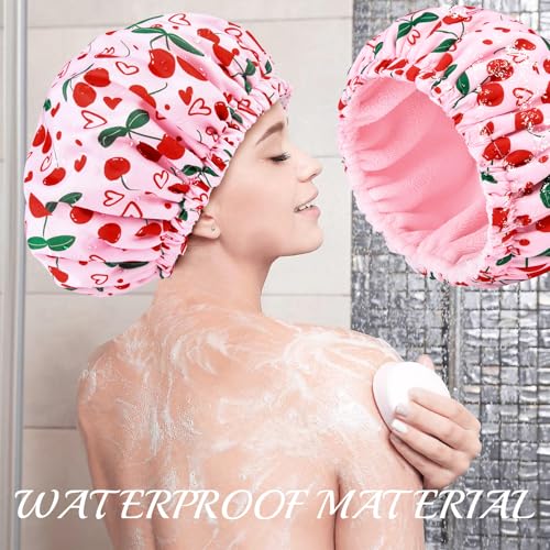 Shower Cap for Women Terry Lined Bath Cap Large Reusable Waterproof Elastic Band Pink Cherry Shower Caps for Long Thick Hair Soft Bath Shower Hair Caps - color: Pink Cherry Heart