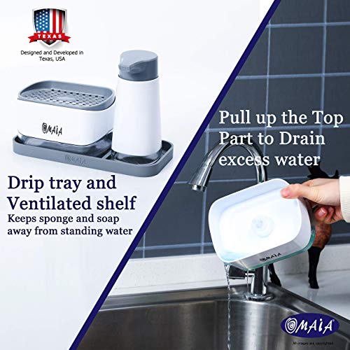 OMAIA 4-in-1 Dish Soap Dispenser Set with Sponge Holder and Liquid Hand Soap Dispenser and Silicone Tray - Countertop Organizer - Useful Kitchen Gadgets
