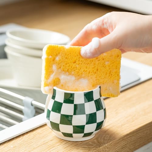 Zoeeker Kitchen Sponge Holder, Ceramic Sponge Organizer Checkered Scrubby Holder Sink Caddy Scrub Dish Rack for Kitchen, Bathroom, Sink, Christmas Decor, Green and White - color: Green and White, size: Barrel-type