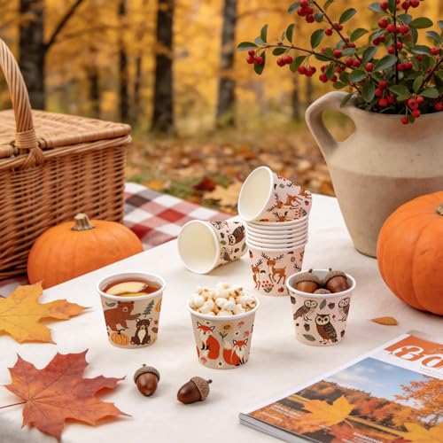 WRAPAHOLIC 3oz Woodland Animal Paper Cups - 100 Pack Disposable Bathroom Cups with Fox, Bear, Deer and Owl 4 Designs, Small Mouthwash Cup for Toothbrush Rinse, Home Bathroom, Fall and Baby Shower - color: Fox/Bear/Deer/Owl