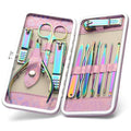 CGBE Nail Clippers Set, Manicure Set Pedicure 12 Pieces Stainless Steel Manicure Kit Professional Grooming Care Tools with Luxurious Travel Case - color: Pink-colorful