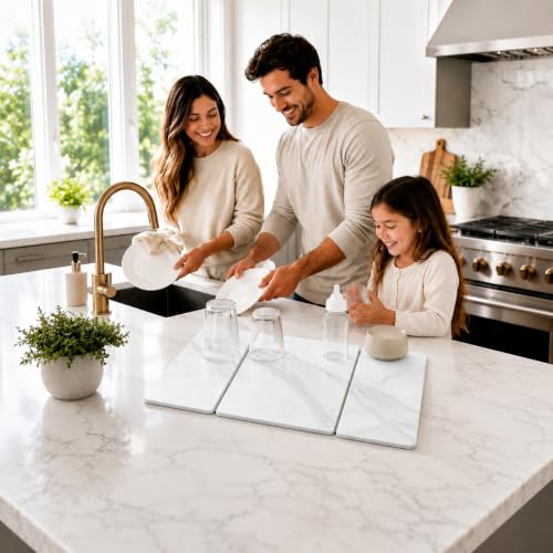 Stone Dish Drying Mat 24" x 16" – Dish Drying Stone Mat – Large Diatomaceous Earth Drying Mat with Non-Slip Base – Quick Dry Kitchen Drying Pad for Dishes, Glassware & Bottles 3 Folded Marbeled White - color: 3 Folded Marbeled White