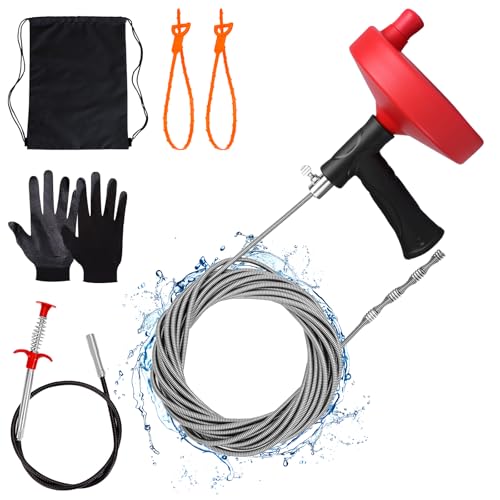 Drain Auger 33 ft, Plumbing Snake Hair Clog Remover Drain Snake Flexible Grabber Heavy Duty Sink Cleaner Tools for Shower Bathtub Bathroom Kitchen Pipe, Red - color: Red