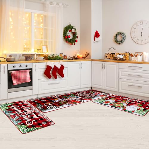 Drydiet 3 Pcs Christmas Kitchen Mat Washable Red Black Buffalo Plaid Kitchen Rug Non Slip Gnome Floor Mat Waterproof Farmhouse Xmas Doormat for Home Office Bathroom Party Holiday Decor - color: Red, style: Gnome