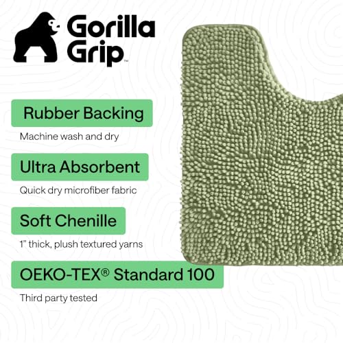 GORILLA GRIP Bathroom Rug Sets 3 Piece, Bath Mat Set and Oval Toilet Base with Rubber Backing, Plush Absorbent Shaggy Chenille Washable Mats, Includes 24x19.5, 24x17 and 36x24 Inch Rugs, Sage - color: Sage, style: 24"x19.5" + 24"x17" + 36"x24" - 3 Pack