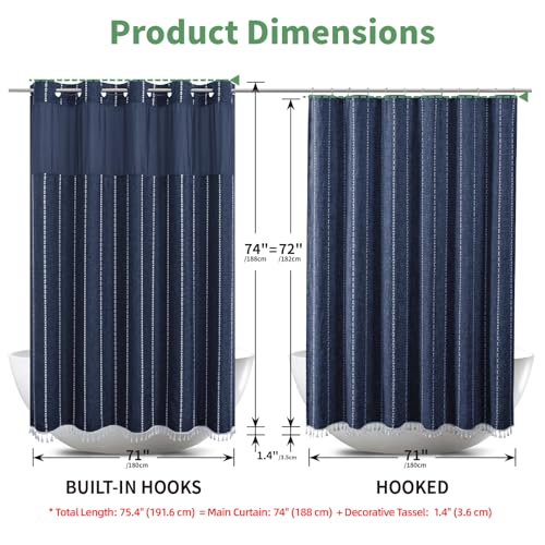 eachope No Hook Boho Farmhouse Shower Curtain with Snap-in Liner Set,Linen Rustic Heavy Duty Striped Fabric Shower Curtain with Tassel,Hotel Style Cloth Shower Curtains for Bathroom,Navy Blue,71x74 - color: Navy Blue, size: 71"W x 74"L (Pack of 1)