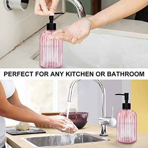 Pack of 2 Glass Soap Dispenser with Black Pump, 400 ml Refillable Pump Dispenser for Kitchen, Bathroom, Laundry Room, Liquid Glass Bottle for Washing Up Liquid, Shampoo, Conditioner (Pink) - color: Pink